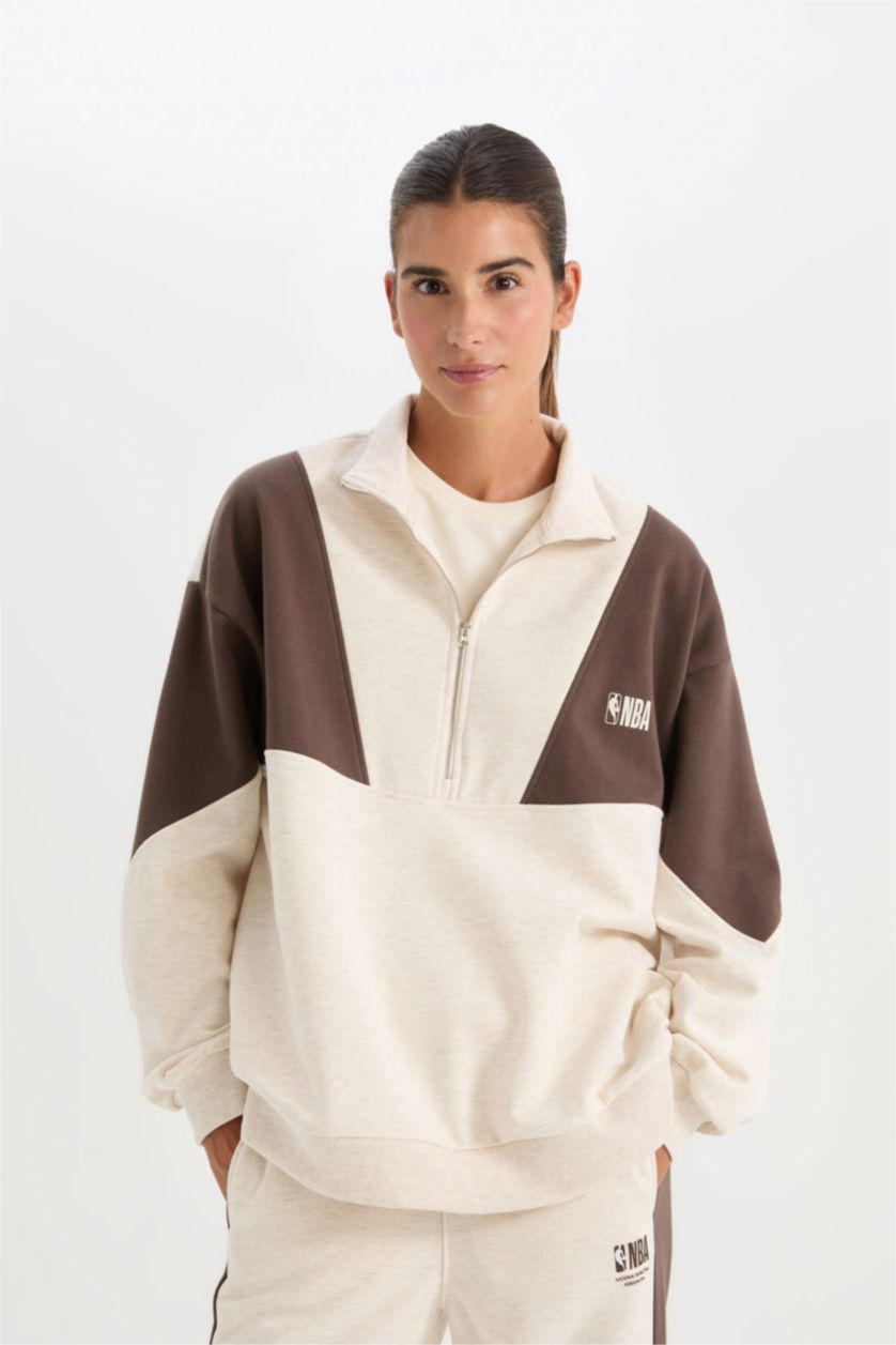 FEMME Beige Sweat-Shirt Oversize zippé NBA en tissus épais de DeFactoFit