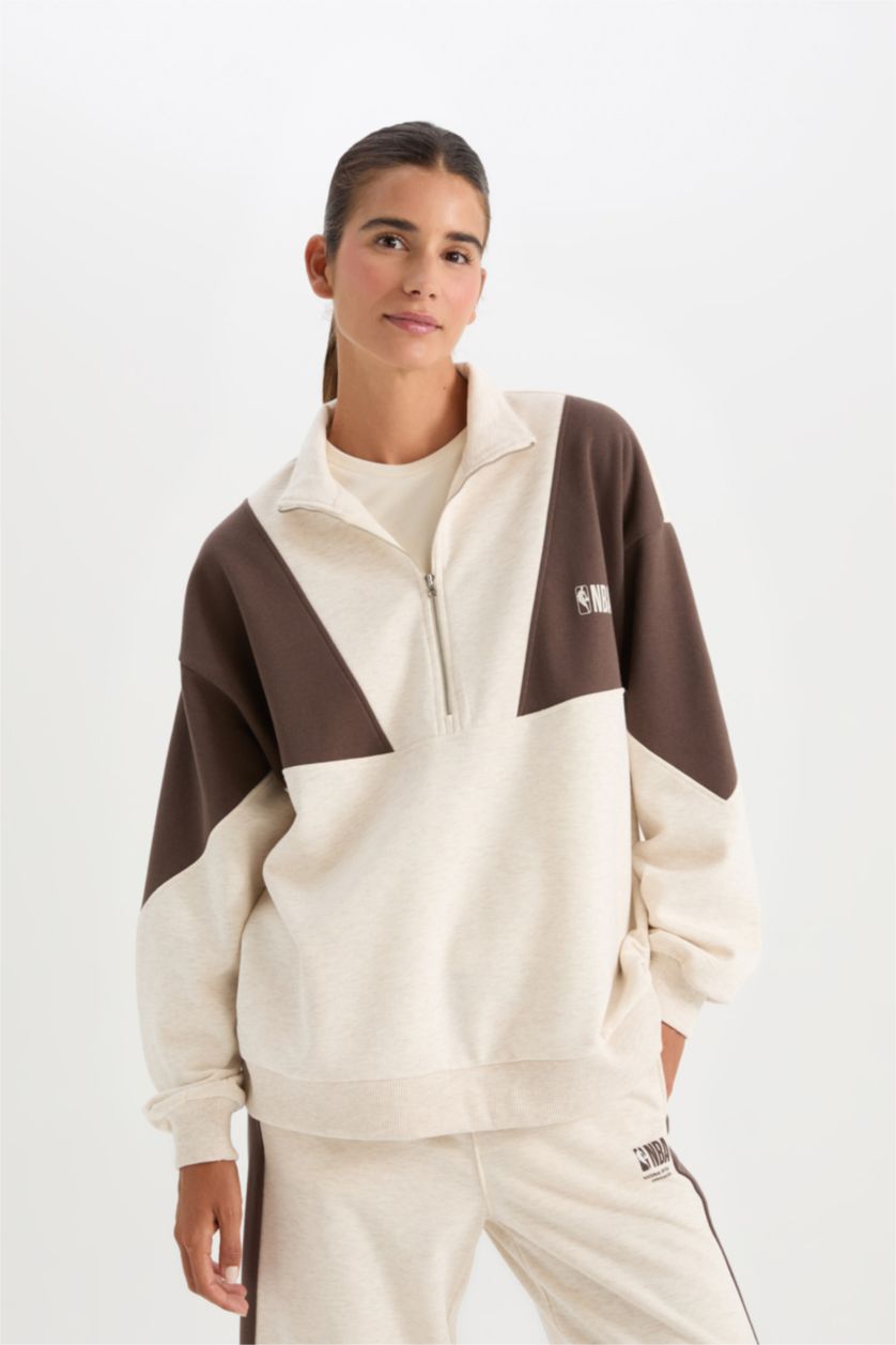 FEMME Beige Sweat-Shirt Oversize zippé NBA en tissus épais de DeFactoFit