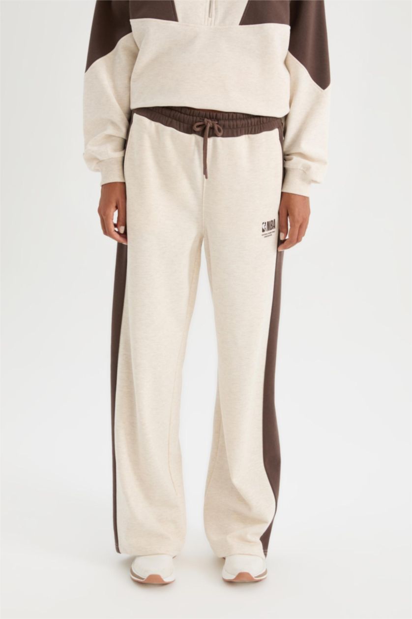 Kadın Bej Melanj DeFactoFit NBA Wordmark Kalın Eşofman Altı Wide Leg Geniş Bol Paça Cepli Standart Boy