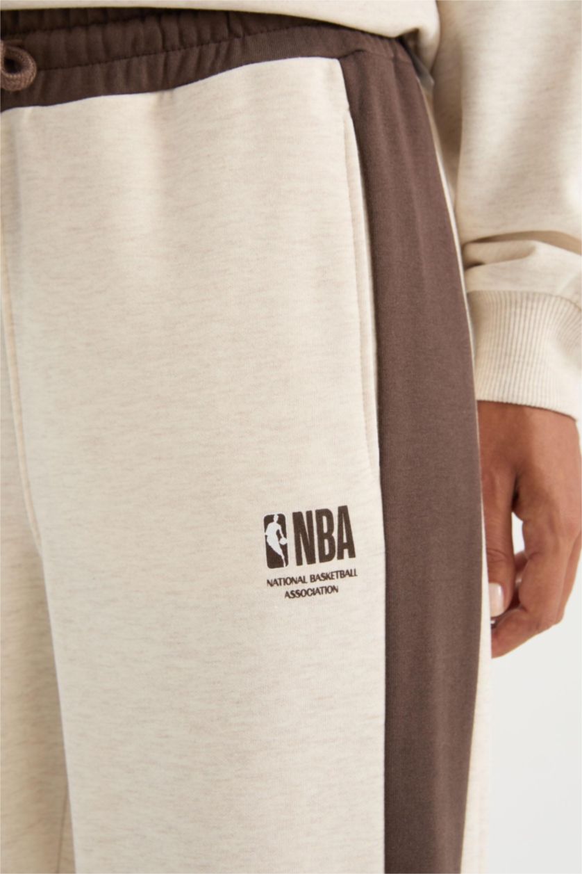 Kadın Bej Melanj DeFactoFit NBA Wordmark Kalın Eşofman Altı Wide Leg Geniş Bol Paça Cepli Standart Boy