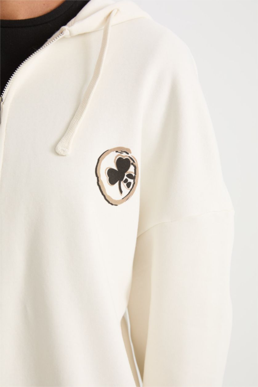 Women Ecru Oversize Fit Thick Sweatshirt Fabric Cardigan