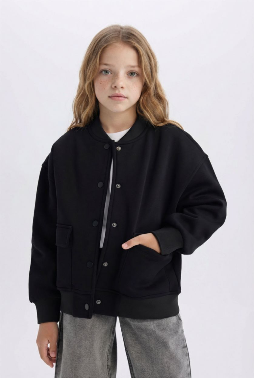 GIRLS & TEENS Black Girl College Collar Basic Soft Furry Inside Bomber Jacket