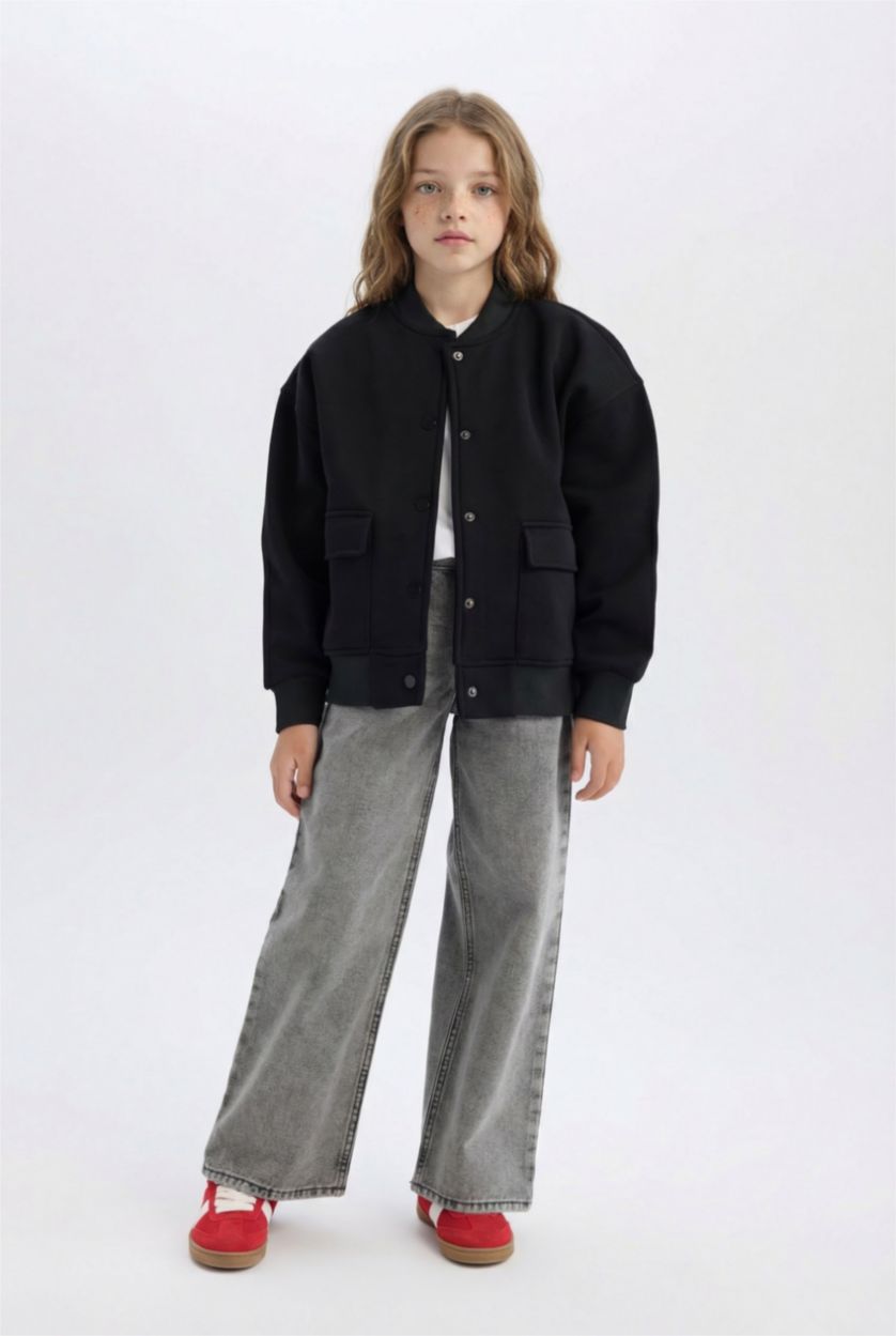 GIRLS & TEENS Black Girl College Collar Basic Soft Furry Inside Bomber Jacket