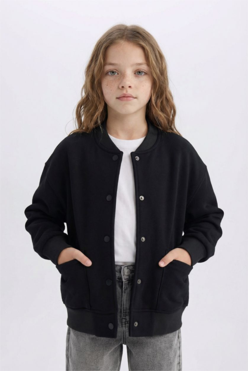 GIRLS & TEENS Black Girl College Collar Basic Soft Furry Inside Bomber Jacket