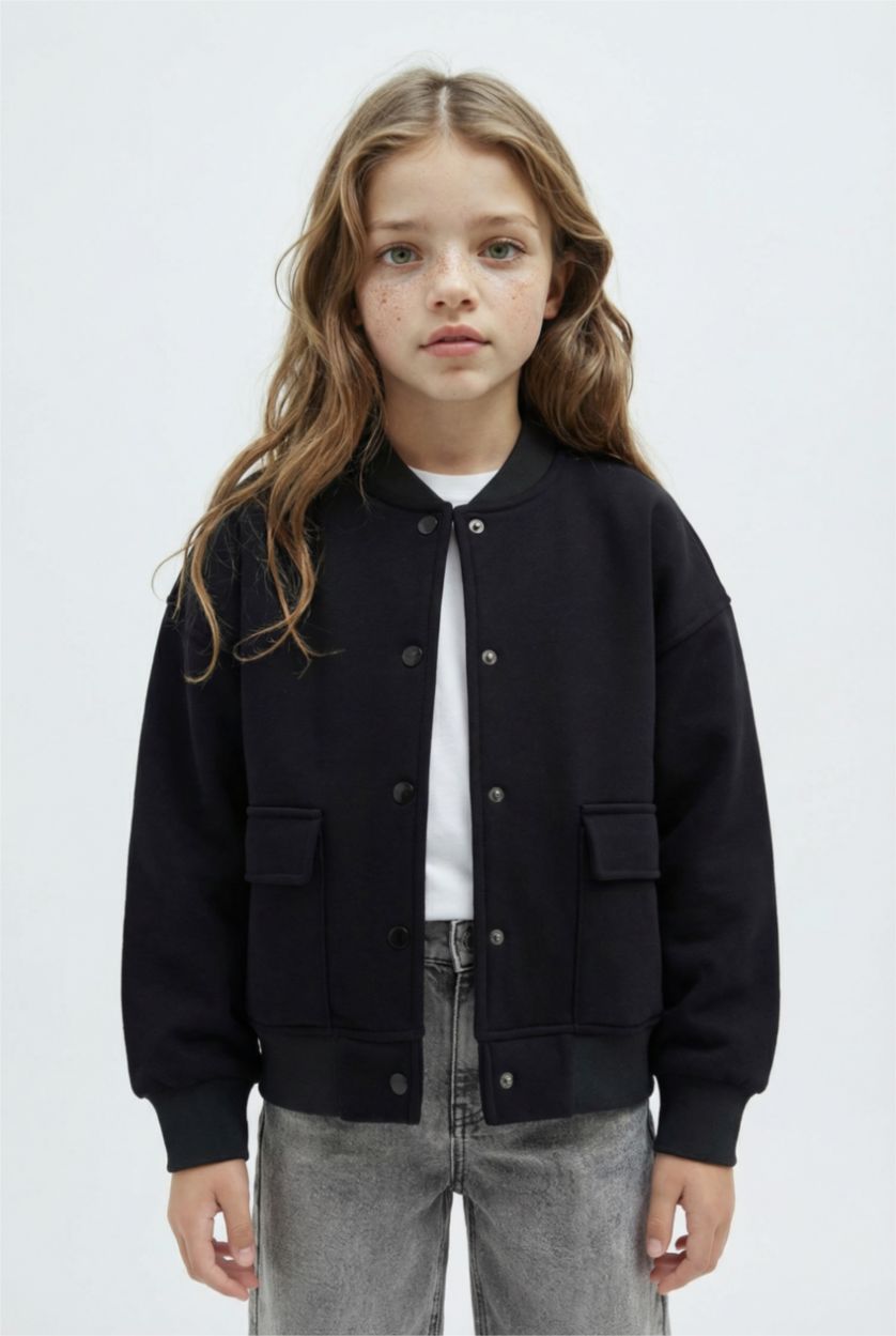 GIRLS & TEENS Black Girl College Collar Basic Soft Furry Inside Bomber Jacket