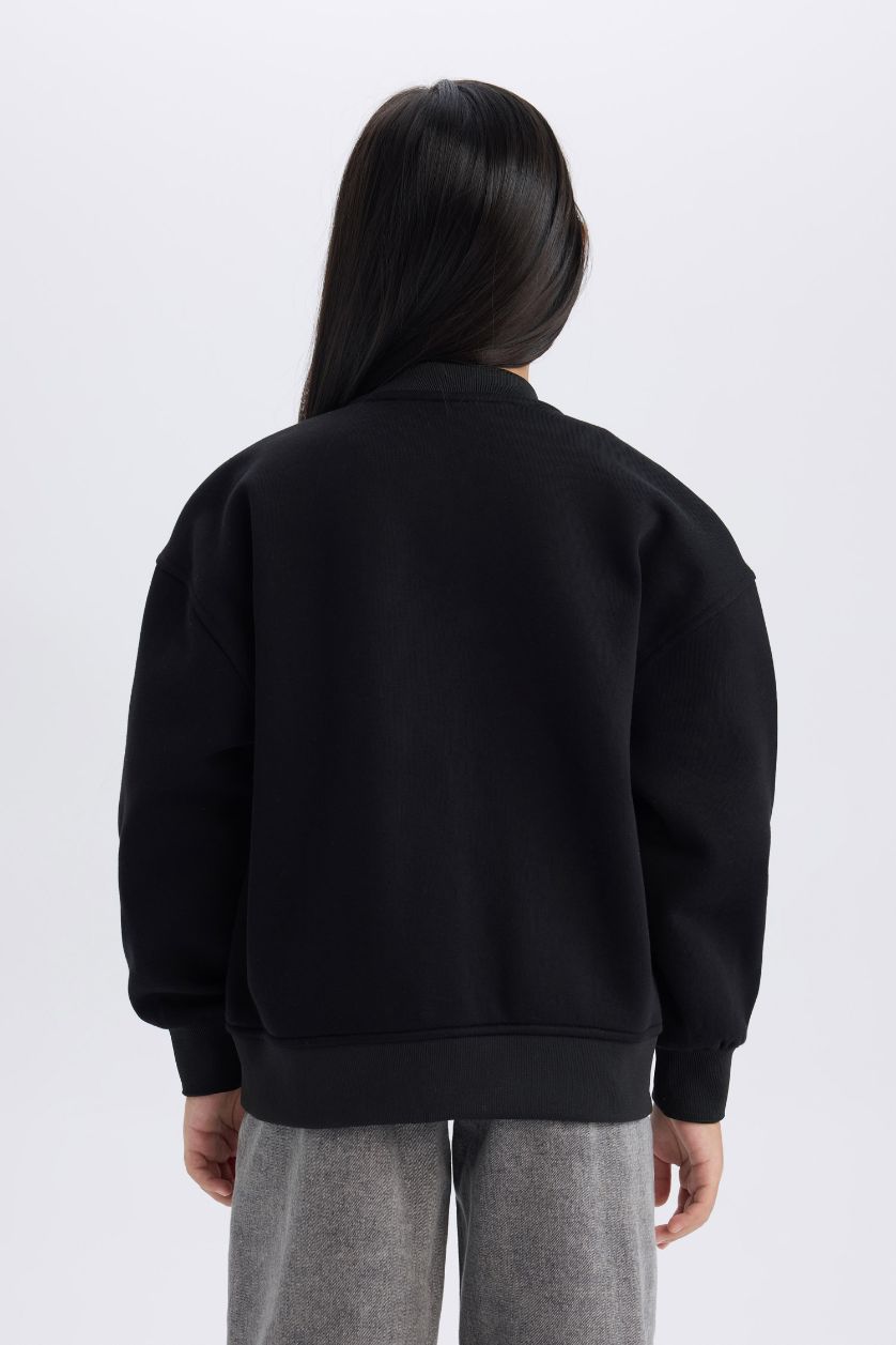 GIRLS & TEENS Black Girl College Collar Basic Soft Furry Inside Bomber Jacket