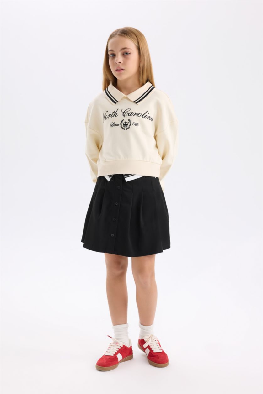 Kız Çocuk - Genç Kız Taş Kız Çocuk Relax Fit Polo Yaka Baskılı Sweatshirt