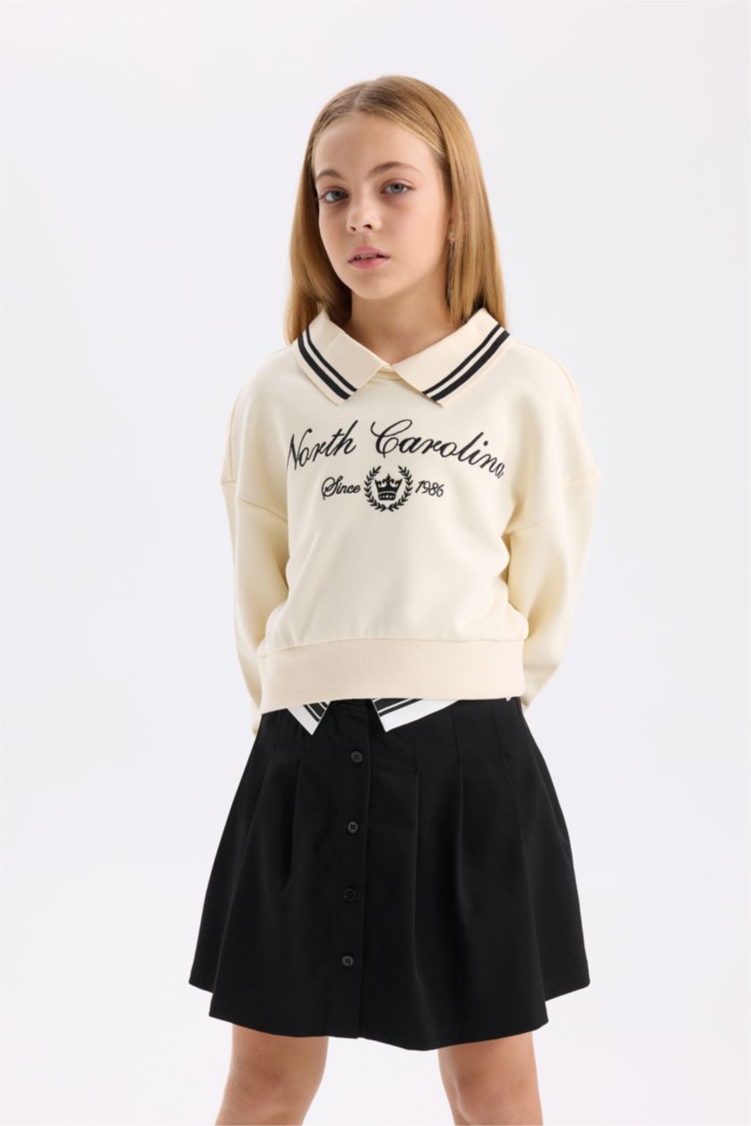 Kız Çocuk - Genç Kız Taş Kız Çocuk Relax Fit Polo Yaka Baskılı Sweatshirt