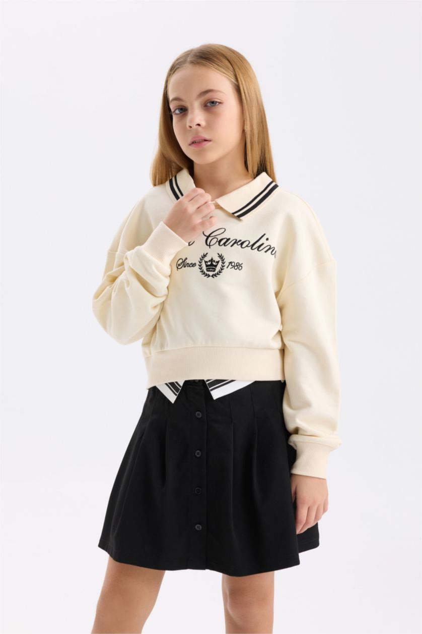 Kız Çocuk - Genç Kız Taş Kız Çocuk Relax Fit Polo Yaka Baskılı Sweatshirt