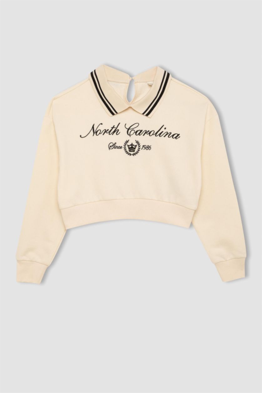 Kız Çocuk - Genç Kız Taş Kız Çocuk Relax Fit Polo Yaka Baskılı Sweatshirt