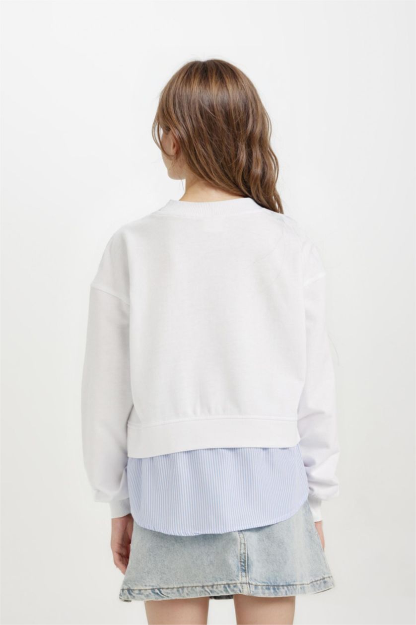 Kız Çocuk - Genç Kız Beyaz Relax Fit Bisiklet Yaka Etek Ucu Detaylı Sweatshirt Kız Çocuk