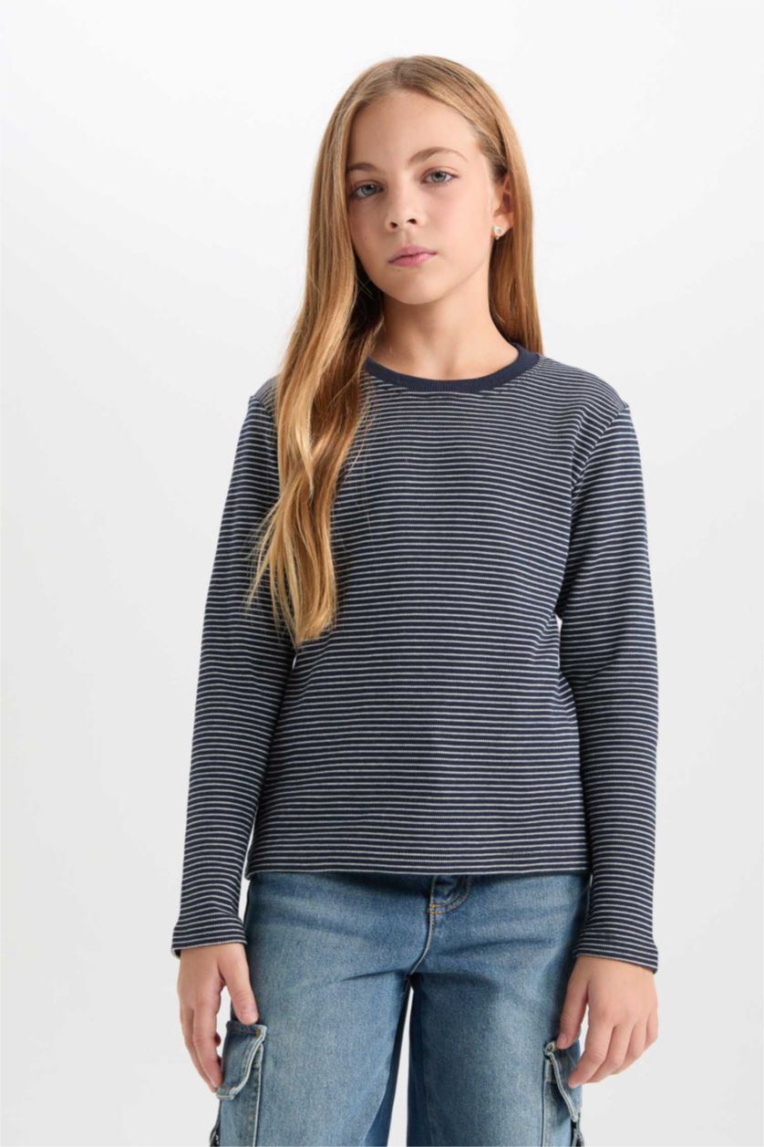 GIRLS & TEENS NAVY Girl Slim Fit Crew Neck Striped T-Shirt