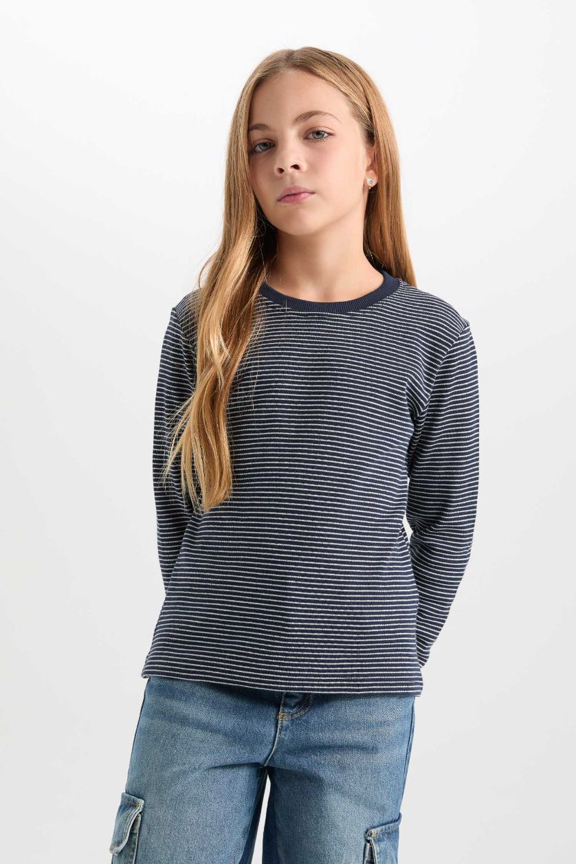 GIRLS & TEENS NAVY Girl Slim Fit Crew Neck Striped T-Shirt