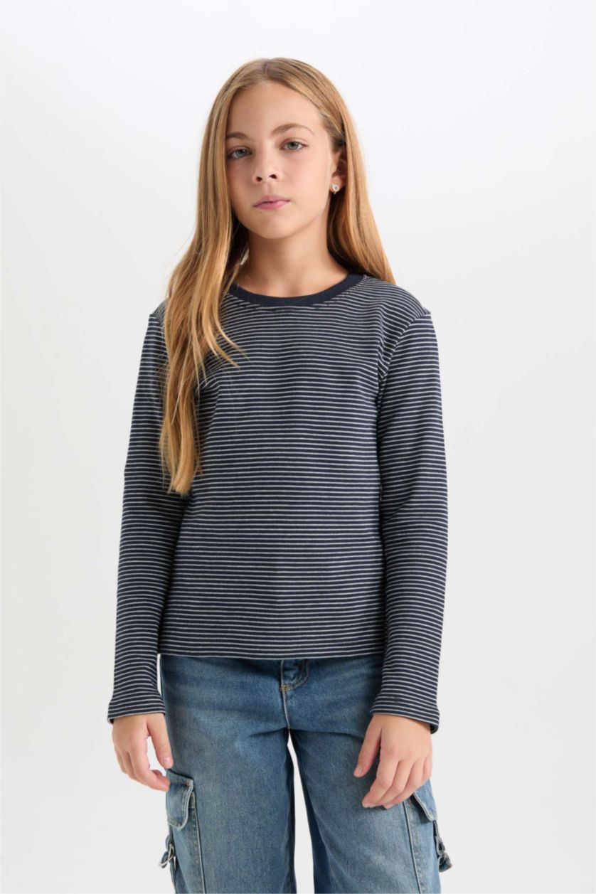 GIRLS & TEENS NAVY Girl Slim Fit Crew Neck Striped T-Shirt