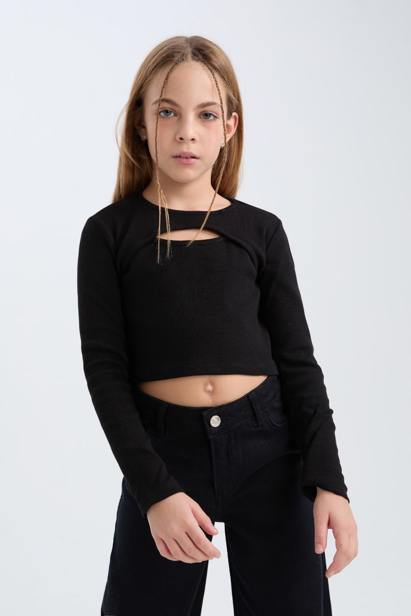 GIRLS & TEENS Black Girl Slim Fit Crew Neck Corduroy Camisole Black T-Shirt