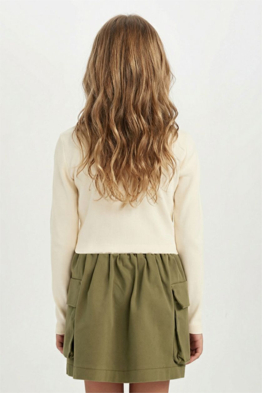 Kız Çocuk - Genç Kız Ekru Slim Fit Dar Kesim Bisiklet Yaka Fitilli Kaşkorse Uzun Kollu Tişört Kız Çocuk