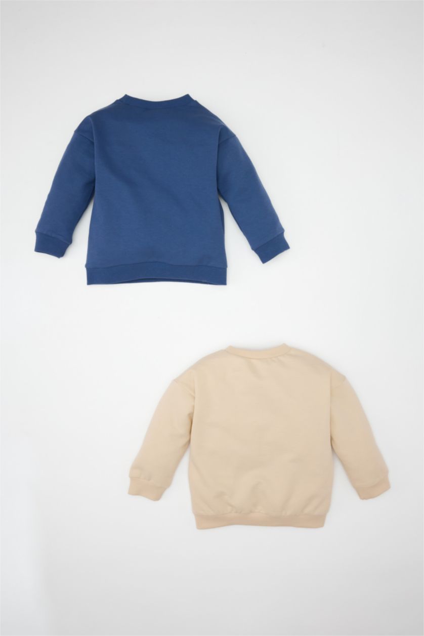 Erkek Bebek Bej Erkek Bebek Bisiklet Yaka Baskılı İçi Yumuşak Tüylü 2'li Sweatshirt