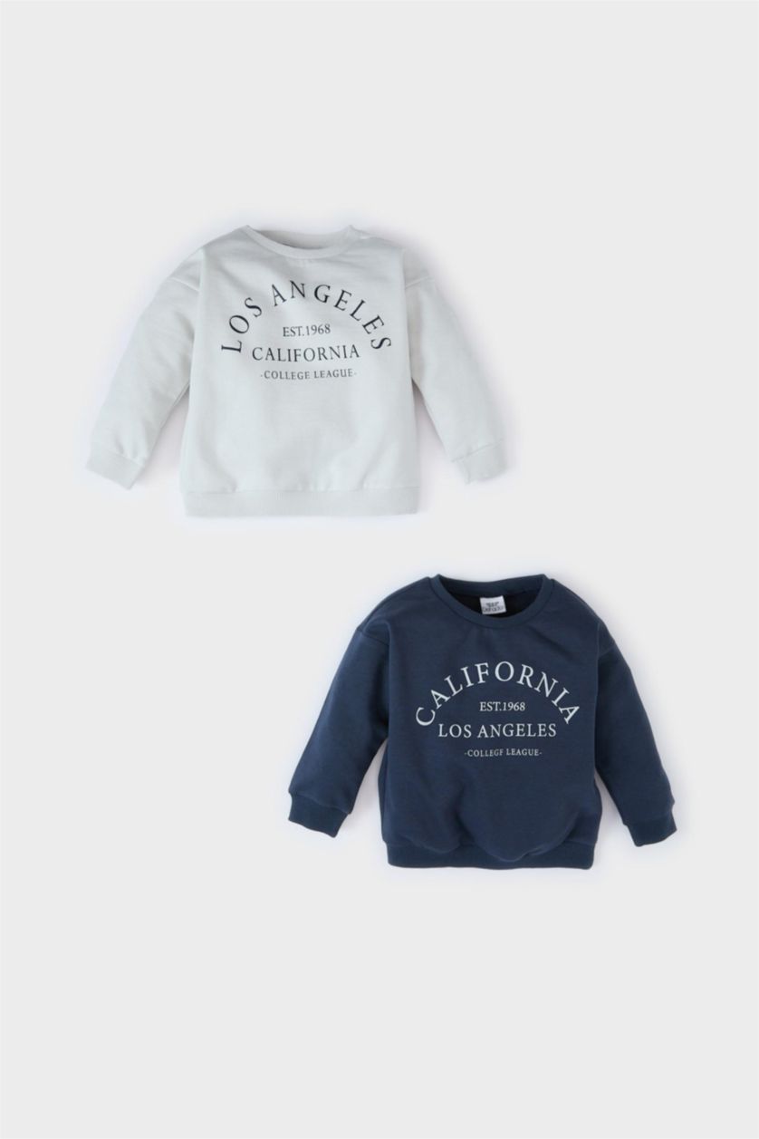Erkek Bebek Açık Gri Erkek Bebek Bisiklet Yaka Baskılı İçi Yumuşak Tüylü 2'li Sweatshirt