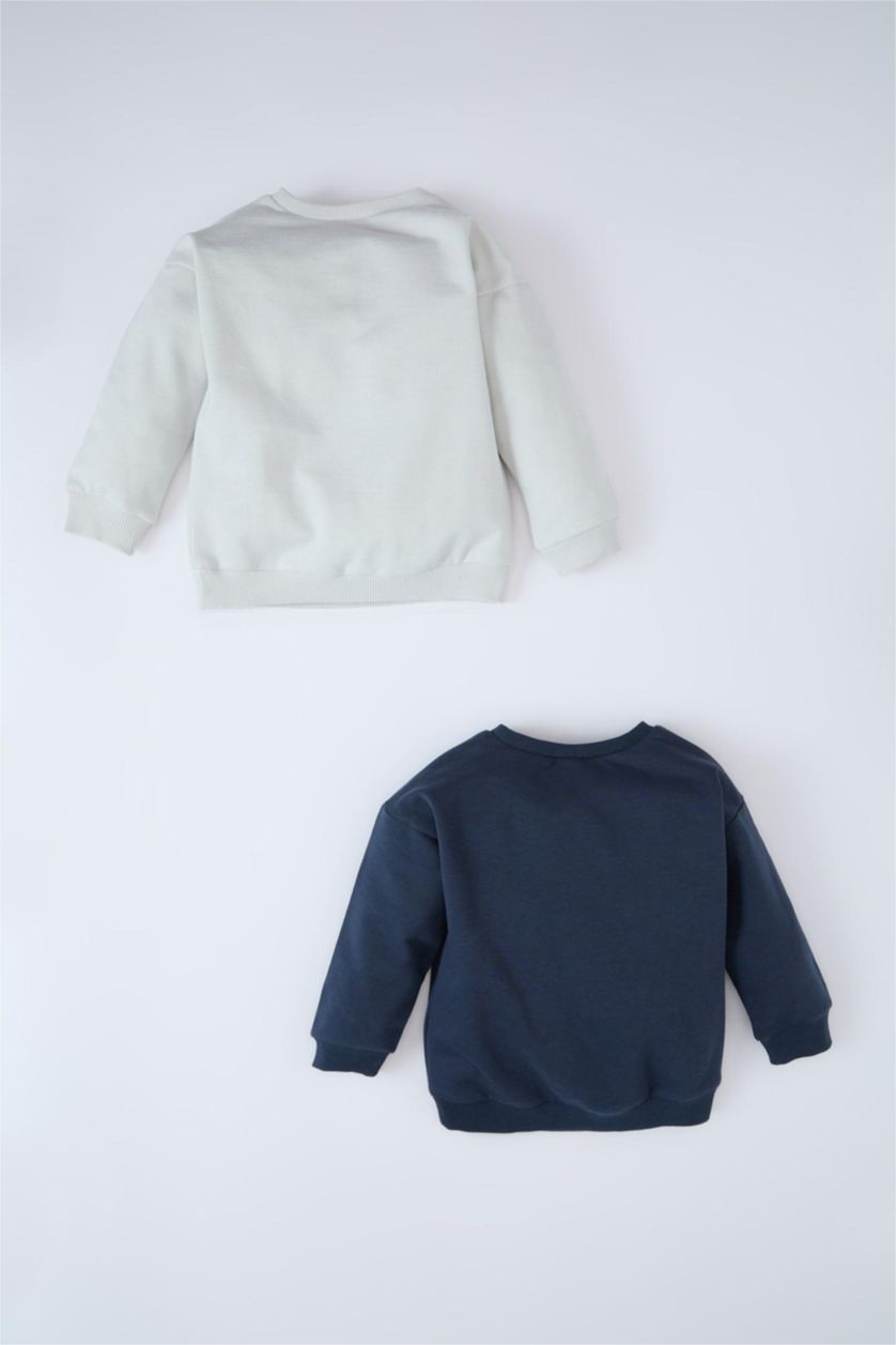 Erkek Bebek Açık Gri Erkek Bebek Bisiklet Yaka Baskılı İçi Yumuşak Tüylü 2'li Sweatshirt