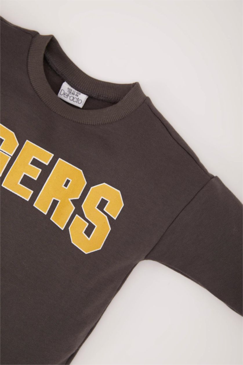 Erkek Bebek Gri Erkek Bebek Bisiklet Yaka Baskılı İçi Yumuşak Tüylü Sweatshirt