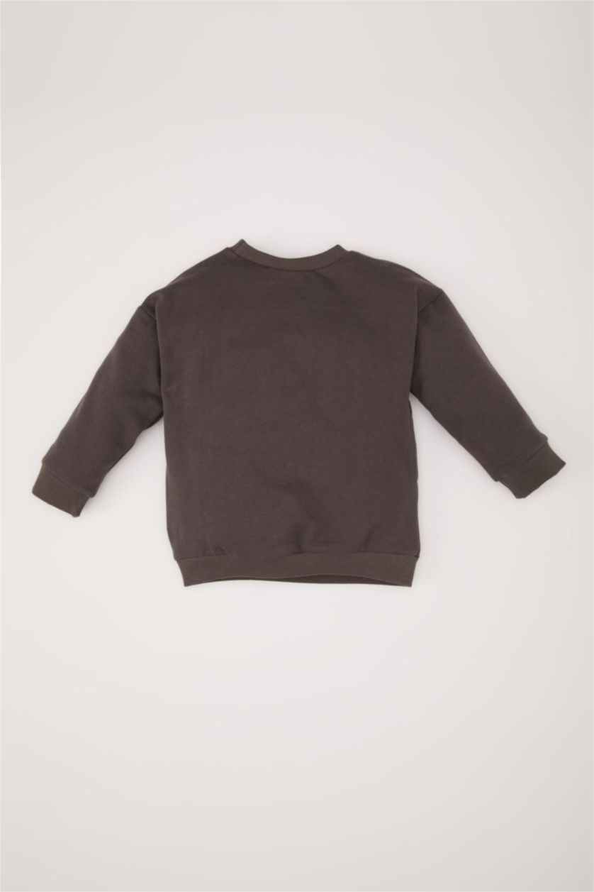 Erkek Bebek Gri Erkek Bebek Bisiklet Yaka Baskılı İçi Yumuşak Tüylü Sweatshirt