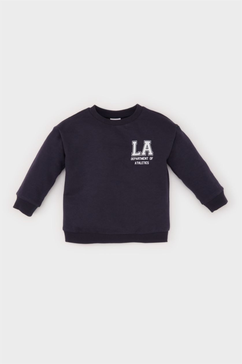 Erkek Bebek Lacivert Erkek Bebek Bisiklet Yaka Baskılı İçi Yumuşak Tüylü Sweatshirt