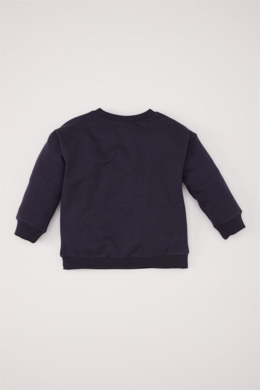 Erkek Bebek Lacivert Erkek Bebek Bisiklet Yaka Baskılı İçi Yumuşak Tüylü Sweatshirt