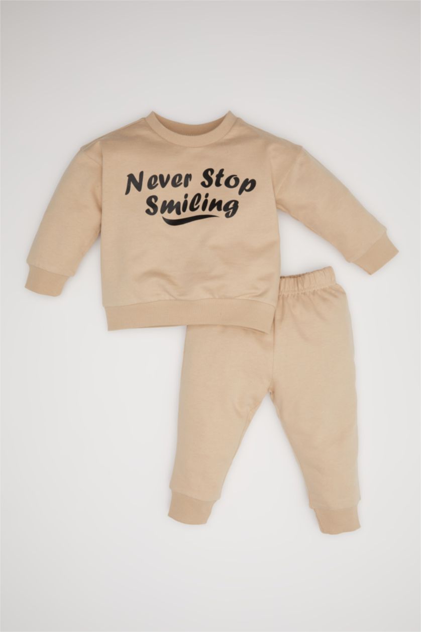 BABY BOY Beige Boy Baby Printed Sweatshirt Sweatpants 2 Piece Set