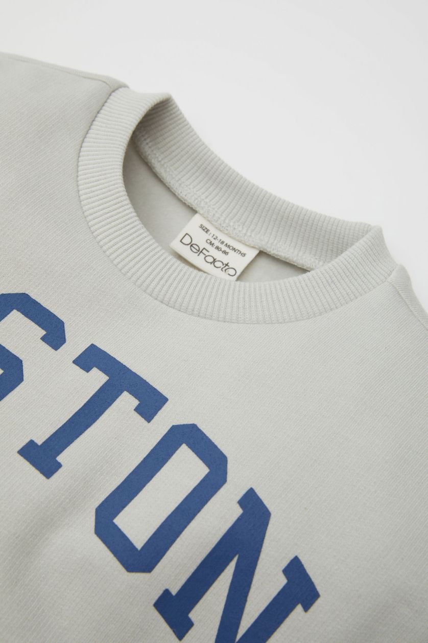 Baby Boy Light Grey Baby Boy Printed Crew Neck Sweatshirt Sweatpants 2 Piece Set