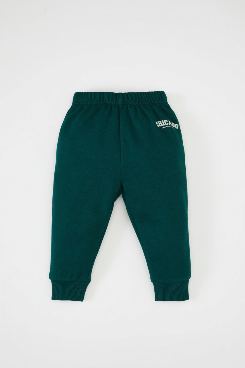 Erkek Bebek Koyu Yeşil Erkek Bebek 2'li Takım Baskılı Sweatshirt Üst Beli Lastikli Jogger Eşofman Altı