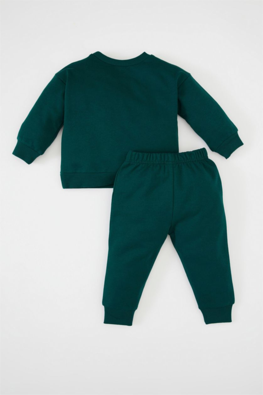 Erkek Bebek Koyu Yeşil Erkek Bebek 2'li Takım Baskılı Sweatshirt Üst Beli Lastikli Jogger Eşofman Altı