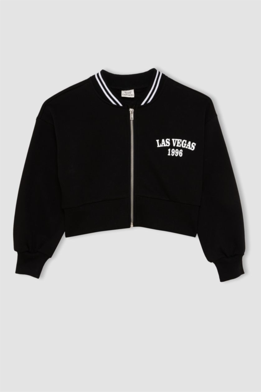 Kız Çocuk - Genç Kız Siyah Kız Çocuk 2'li Takım Baskılı Kolej Yaka Bomber Ceket Geniş Paça Eşofman Altı