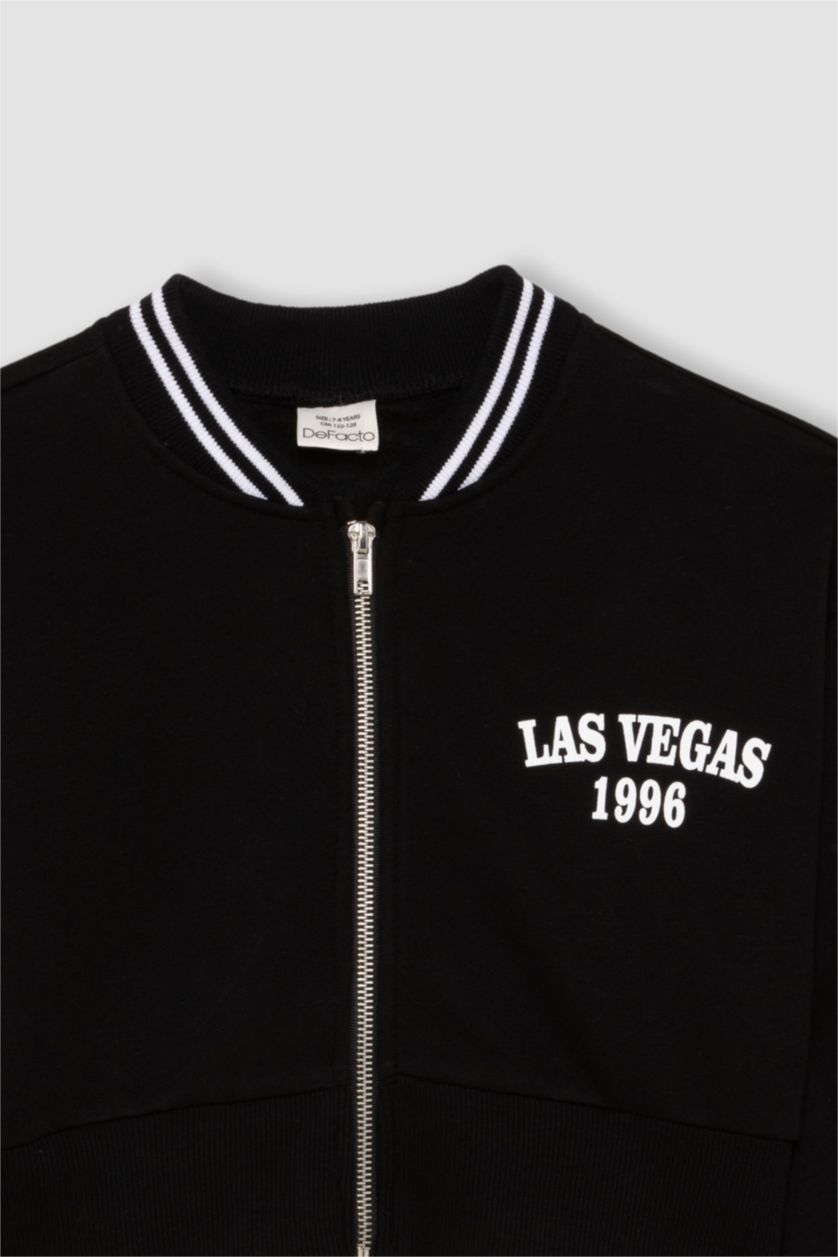 Kız Çocuk - Genç Kız Siyah Kız Çocuk 2'li Takım Baskılı Kolej Yaka Bomber Ceket Geniş Paça Eşofman Altı