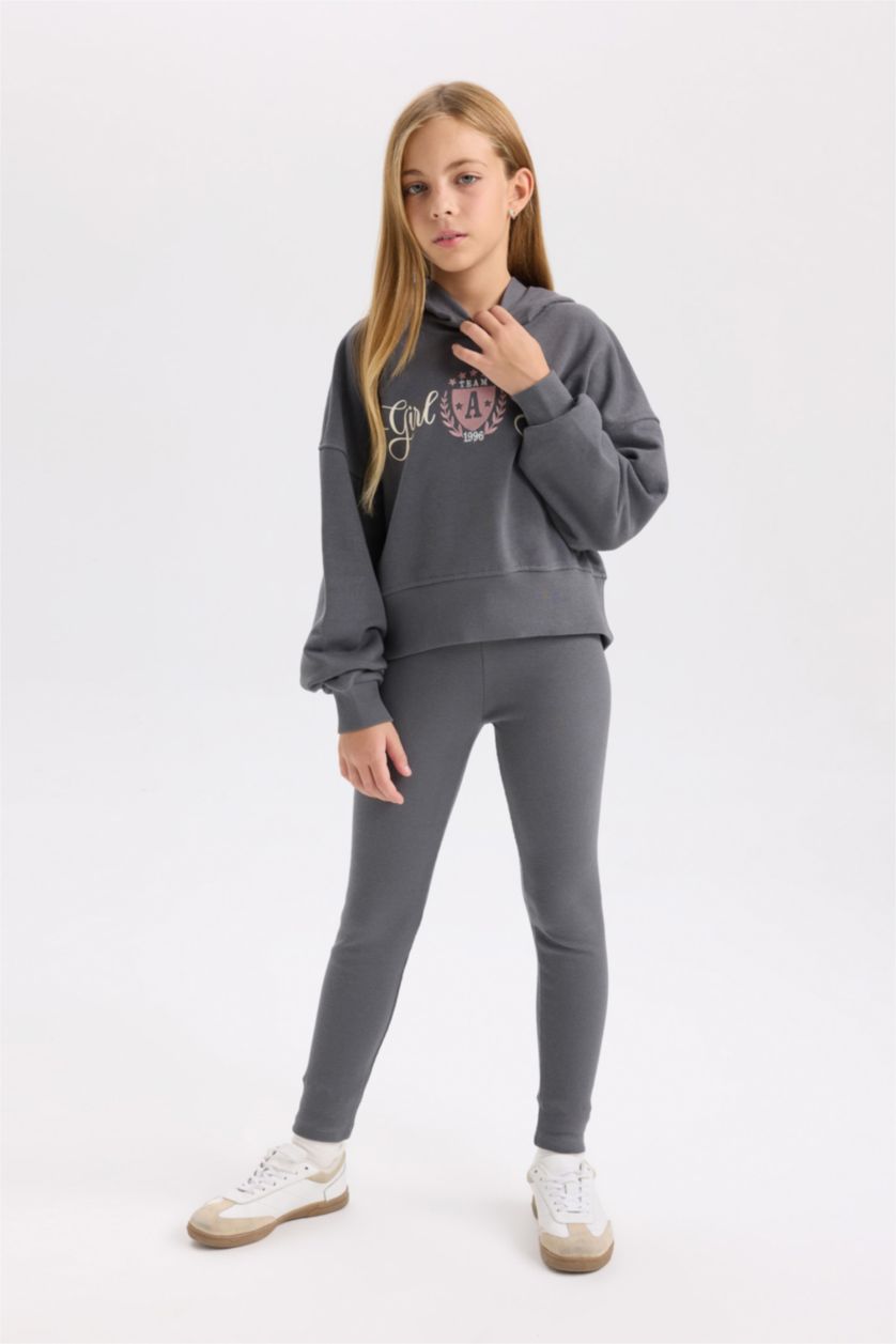 Kız Çocuk - Genç Kız Antrasit 2'li Takım Baskılı Kapüşonlu Sweatshirt Beli Lastikli Fitilli Kaşkorse Tayt Kız Çocuk