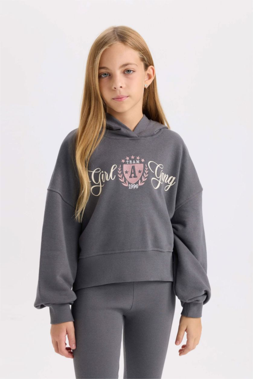 Kız Çocuk - Genç Kız Antrasit 2'li Takım Baskılı Kapüşonlu Sweatshirt Beli Lastikli Fitilli Kaşkorse Tayt Kız Çocuk