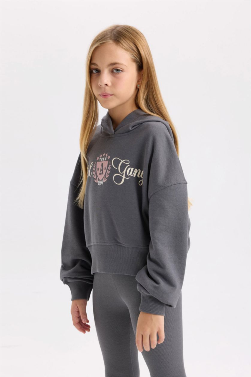 Kız Çocuk - Genç Kız Antrasit 2'li Takım Baskılı Kapüşonlu Sweatshirt Beli Lastikli Fitilli Kaşkorse Tayt Kız Çocuk