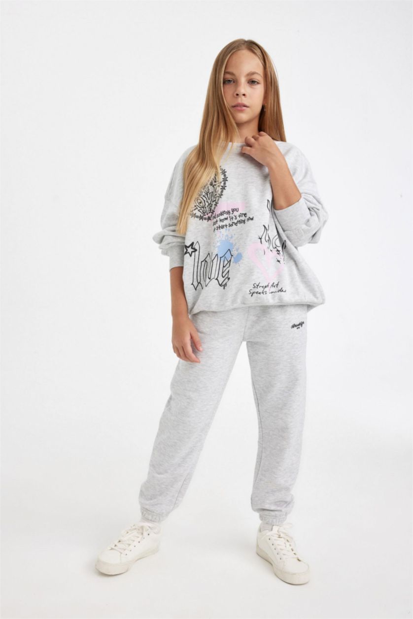 GIRLS & TEENS Light Grey Melange Girl Printed Jogger Sweatpants