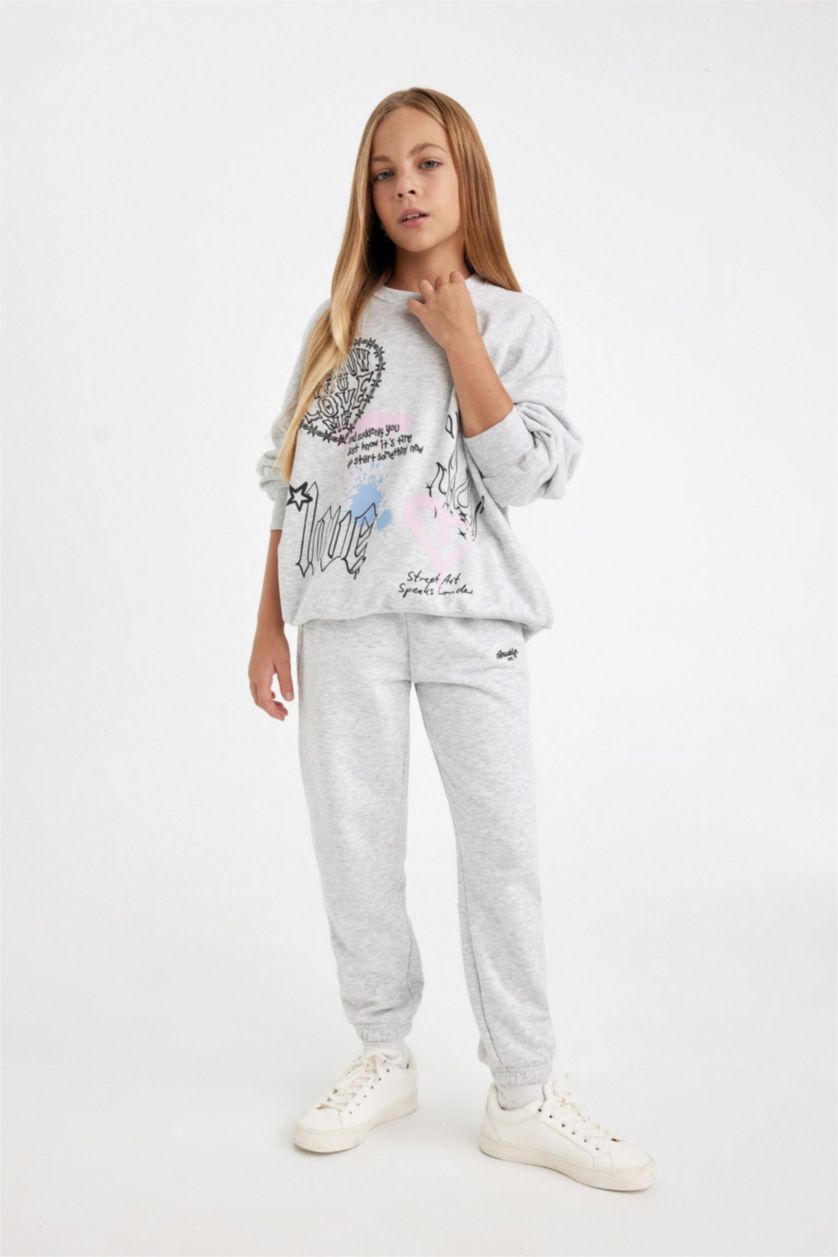 GIRLS & TEENS Light Grey Melange Girl Printed Jogger Sweatpants