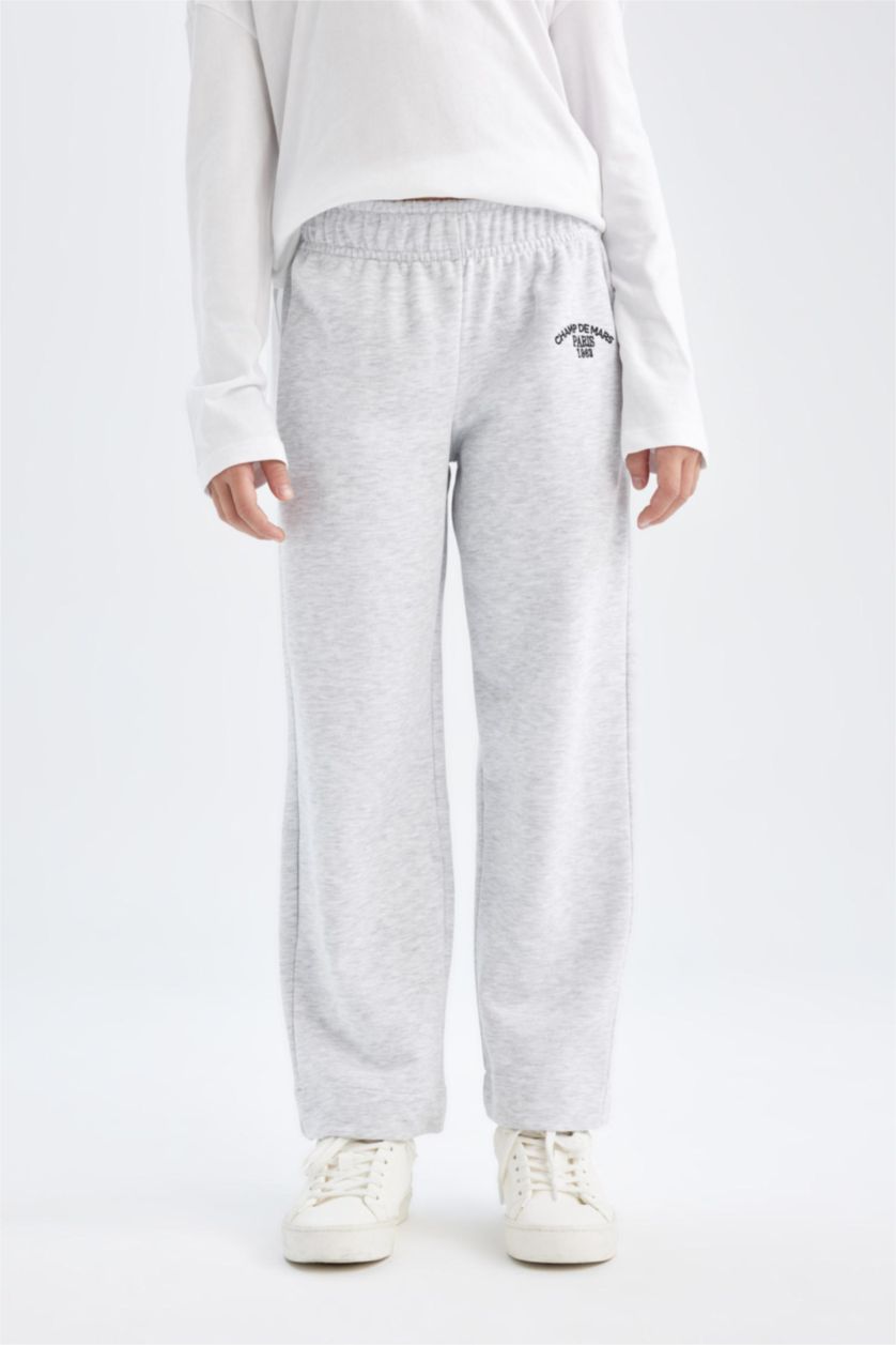 Kız Çocuk - Genç Kız Optik Gri Melanj Carrot Fit Havuç Kesim Beli Lastikli Baskılı Eşofman Altı Kız Çocuk