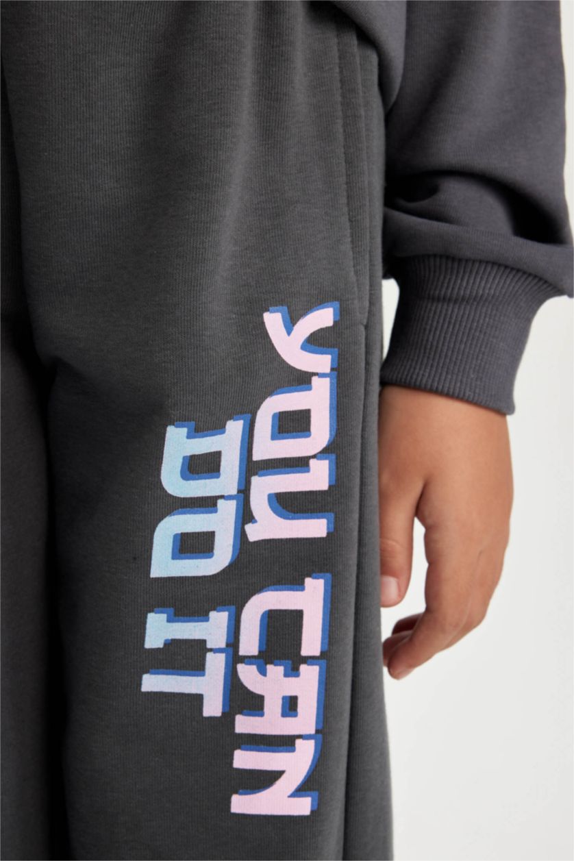 Kız Çocuk - Genç Kız Antrasit Kız Çocuk Baskılı Beli Paçası Lastikli Cepli Jogger Eşofman Altı