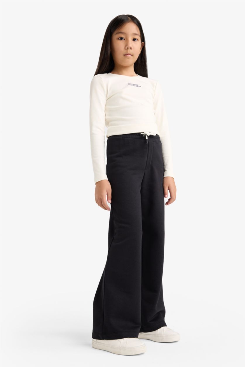 Kız Çocuk - Genç Kız Siyah Kız Çocuk Wide Leg Beli Lastikli Geniş Paça Eşofman Altı