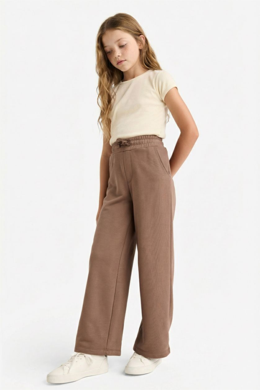 Kız Çocuk - Genç Kız Kahve Kız Çocuk Wide Leg Beli Lastikli Geniş Paça Eşofman Altı