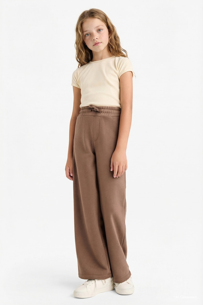 Girls & Teens Brown بنطرون بجامة رياضي بناتي وايد ليج برجل واسع