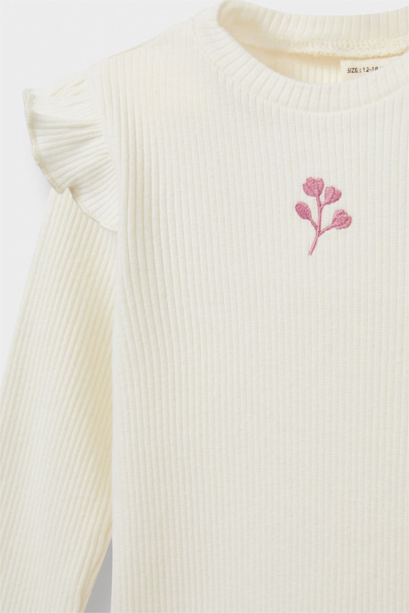 Kız Bebek Ekru Bisiklet Yaka Çiçekli Fitilli Kaşkorse Uzun Kollu Okul Tişörtü Kız Bebek
