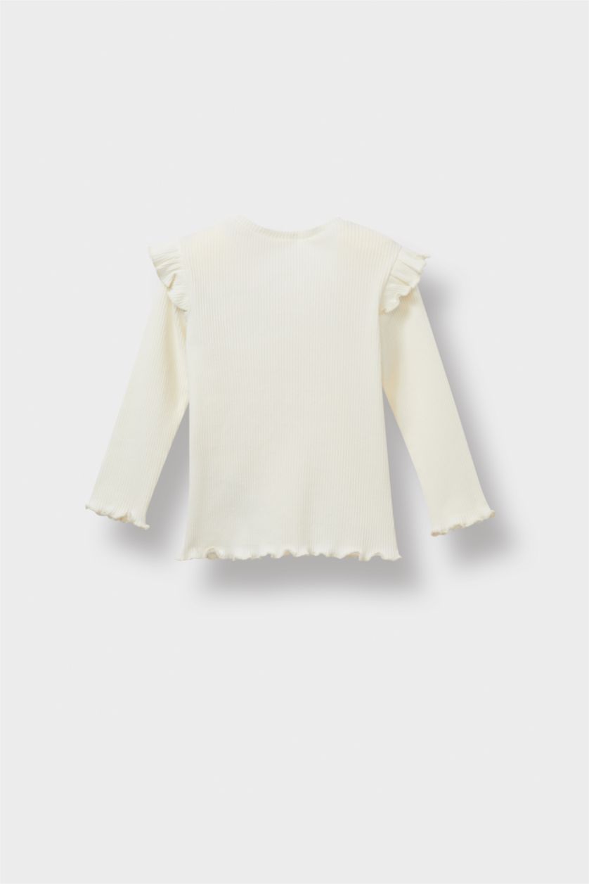 Kız Bebek Ekru Bisiklet Yaka Çiçekli Fitilli Kaşkorse Uzun Kollu Okul Tişörtü Kız Bebek