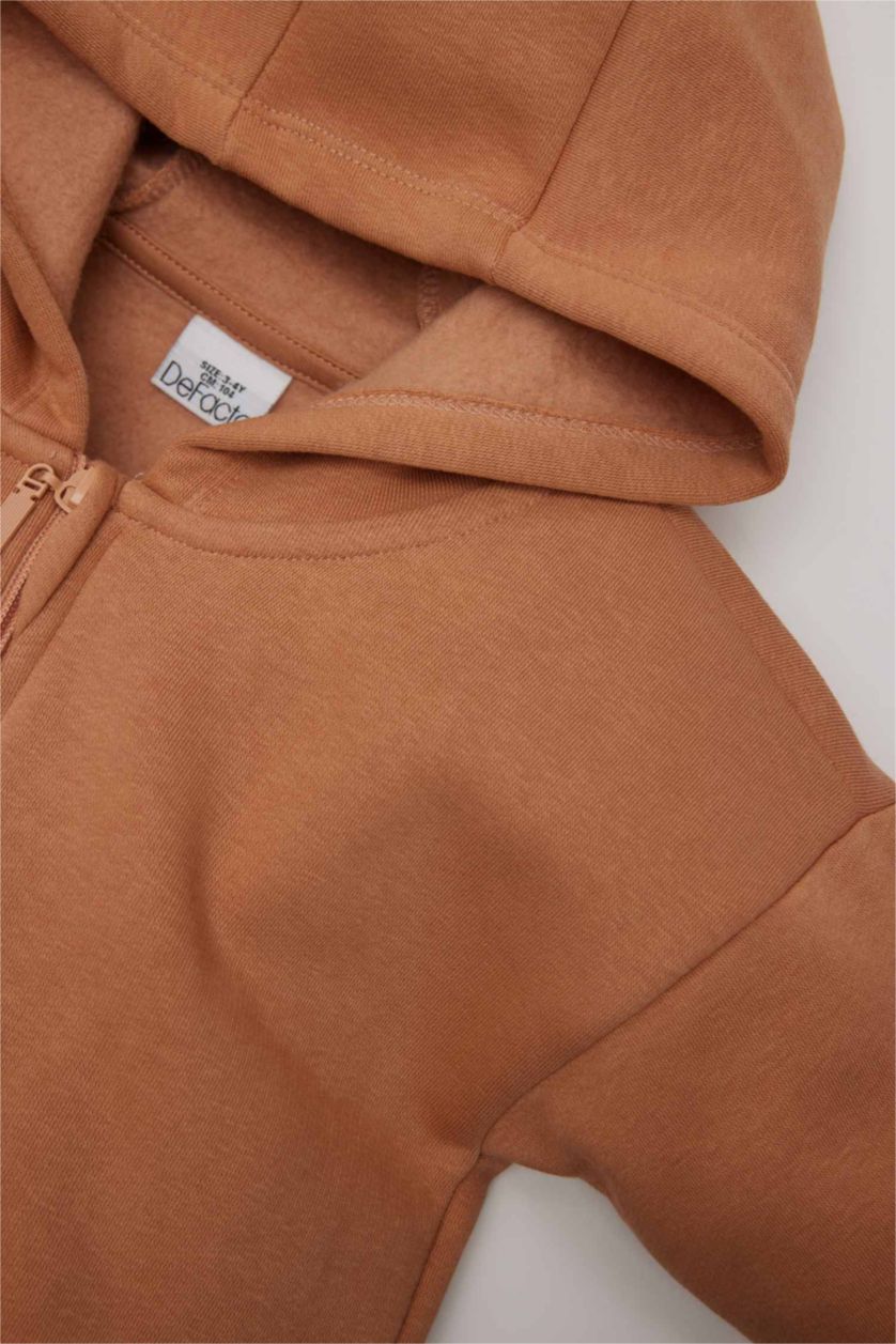 Kız Bebek Açık Kahve Kız Bebek Kapüşonlu Basic Düz İçi Yumuşak Tüylü Fermuarlı Sweatshirt