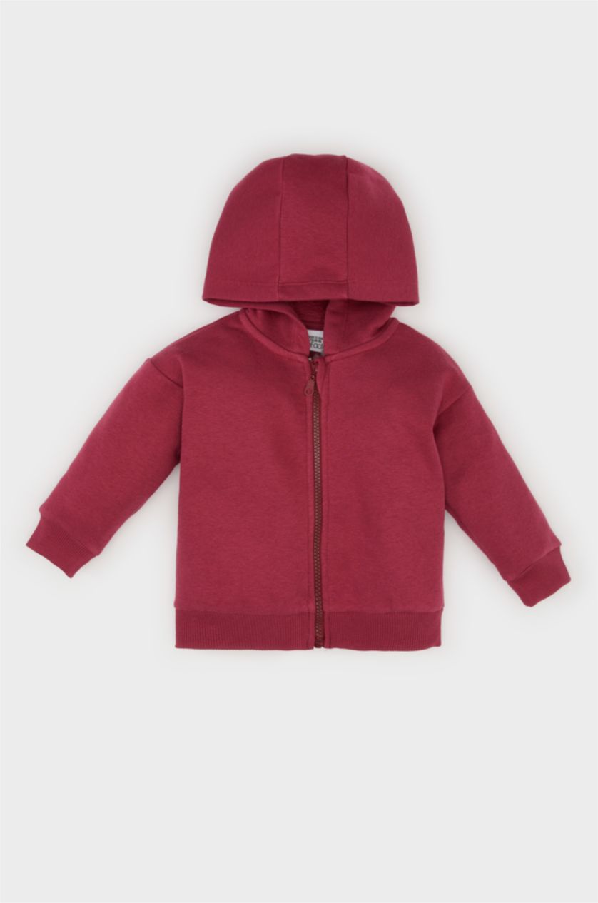 Kız Bebek Bordo Kız Bebek Kapüşonlu Basic Düz İçi Yumuşak Tüylü Fermuarlı Sweatshirt