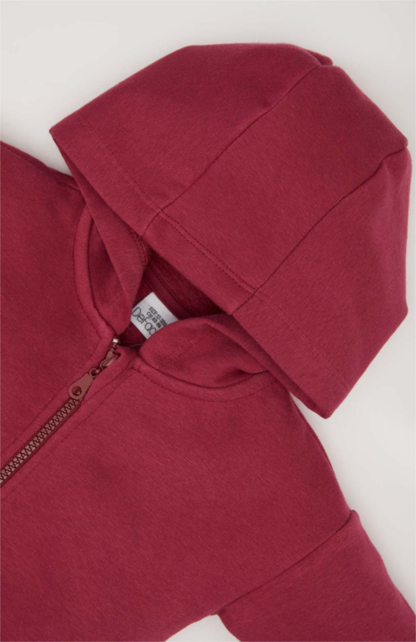 Kız Bebek Bordo Kız Bebek Kapüşonlu Basic Düz İçi Yumuşak Tüylü Fermuarlı Sweatshirt