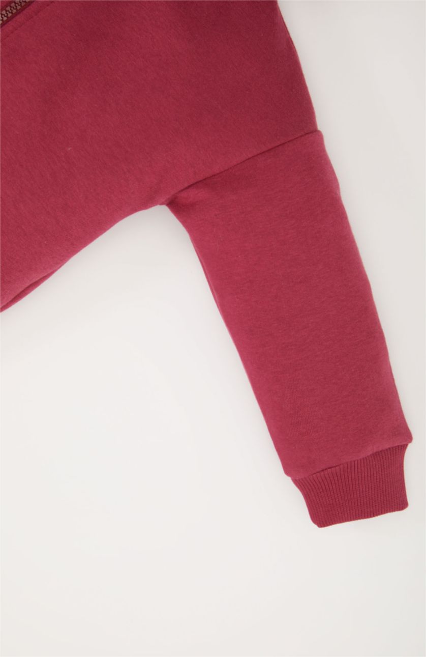 Kız Bebek Bordo Kız Bebek Kapüşonlu Basic Düz İçi Yumuşak Tüylü Fermuarlı Sweatshirt