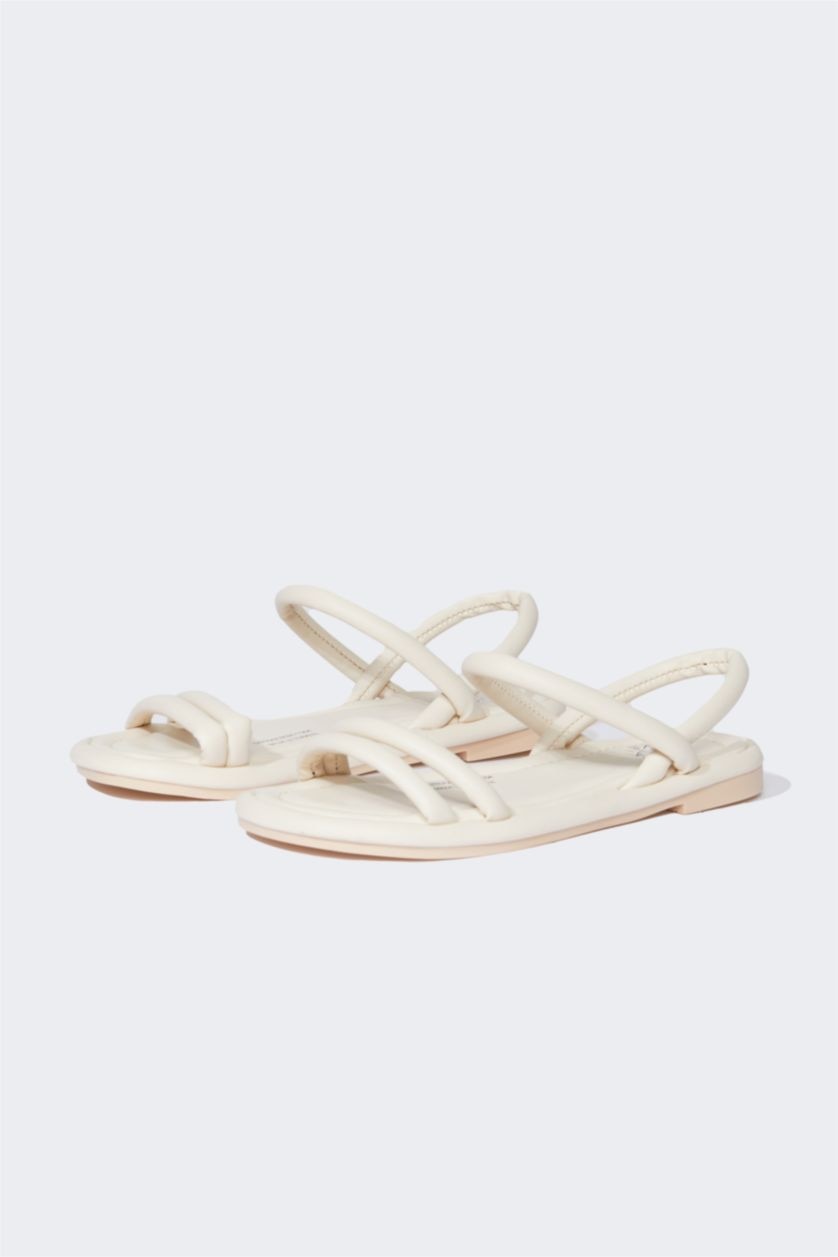 Woman Beige Woman Flat Sole Faux Leather Sandals